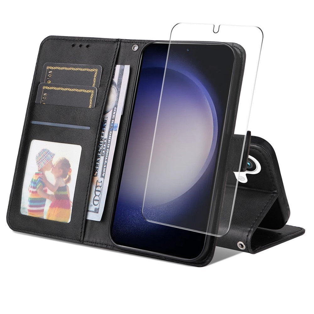 EIDERWOOD Samsung Galaxy S25 / S24 2-i-1 Kunstlæder Flip Cover m. Skærmbeskyttelsesglas - Sort
