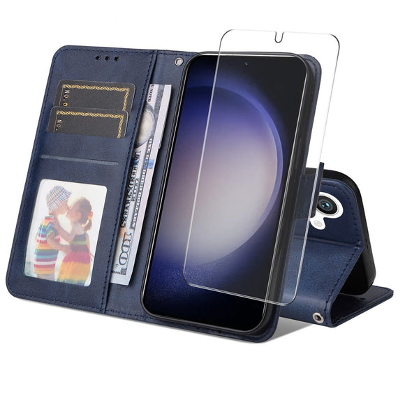 EIDERWOOD Samsung Galaxy S25 / S24 2-i-1 Kunstlæder Flip Cover m. Skærmbeskyttelsesglas - Blå