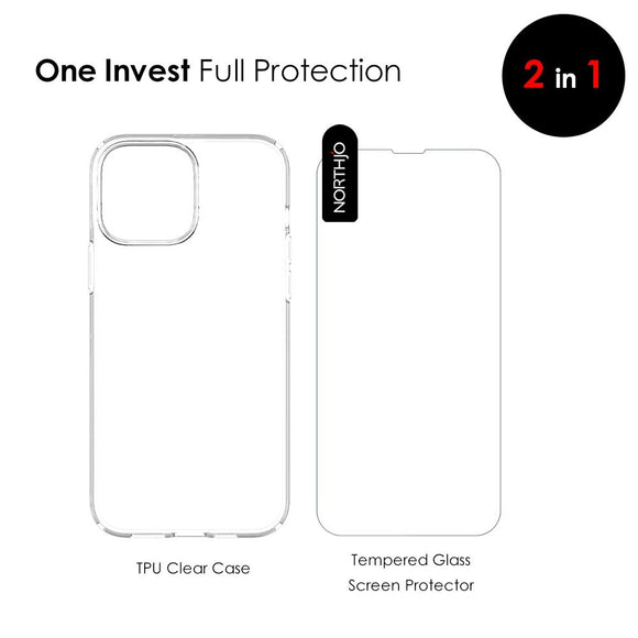 NORTHJO iPhone 14 Beskyttelsessæt m. Fleksibelt Plastik Mobil Cover m. Hærdet Beskyttelsesglas - Gennemsigtig