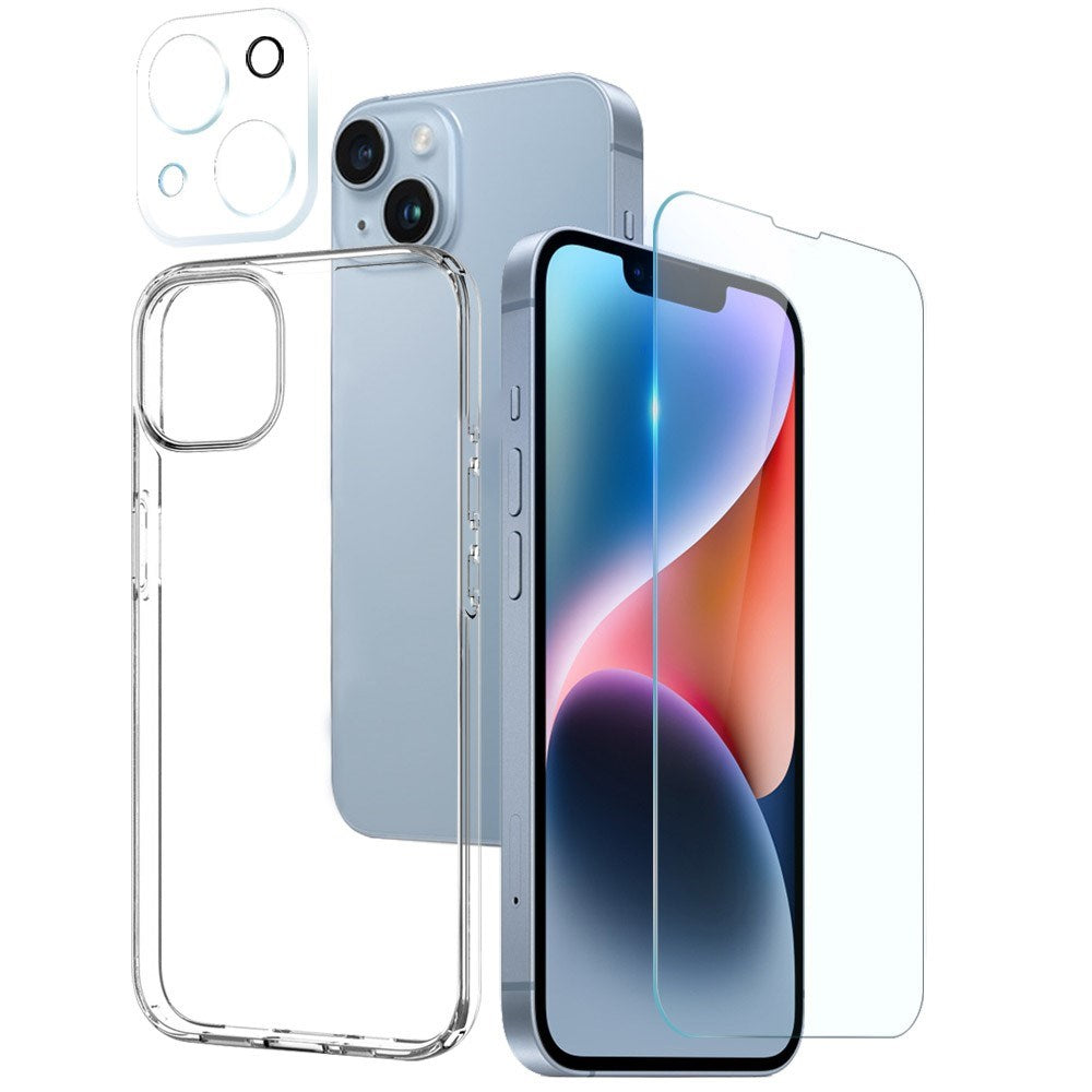 NORTHJO iPhone 14 | 3-i-1 360° Beskyttelsessæt m. Cover | Skærmbeskyttelse | Kameralinsebeskyttelse - Gennemsigtig