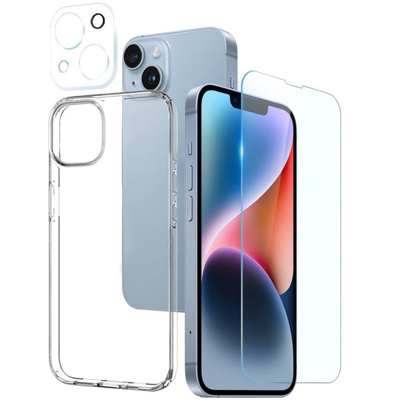 NORTHJO iPhone 14 | 3-i-1 360° Beskyttelsessæt m. Cover | Skærmbeskyttelse | Kameralinsebeskyttelse - Gennemsigtig
