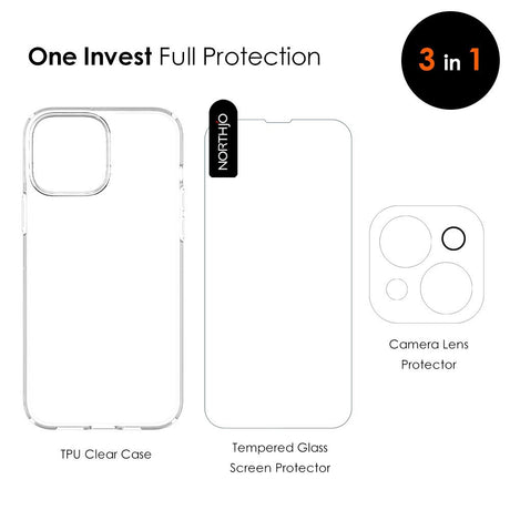 NORTHJO iPhone 14 | 3-i-1 360° Beskyttelsessæt m. Cover | Skærmbeskyttelse | Kameralinsebeskyttelse - Gennemsigtig
