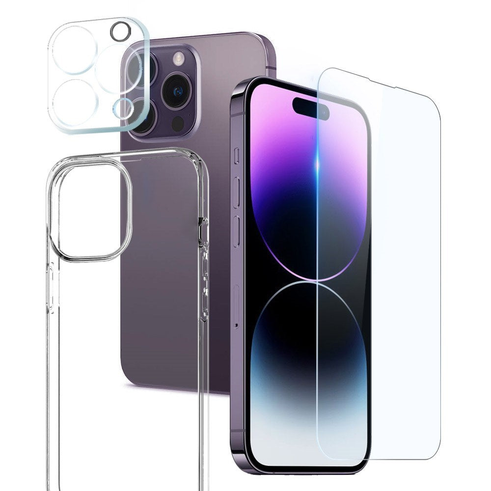 NORTHJO iPhone 14 Pro Max | 3-i-1 360° Beskyttelsessæt m. Cover | Skærmbeskyttelse | Kameralinsebeskyttelse - Gennemsigtig