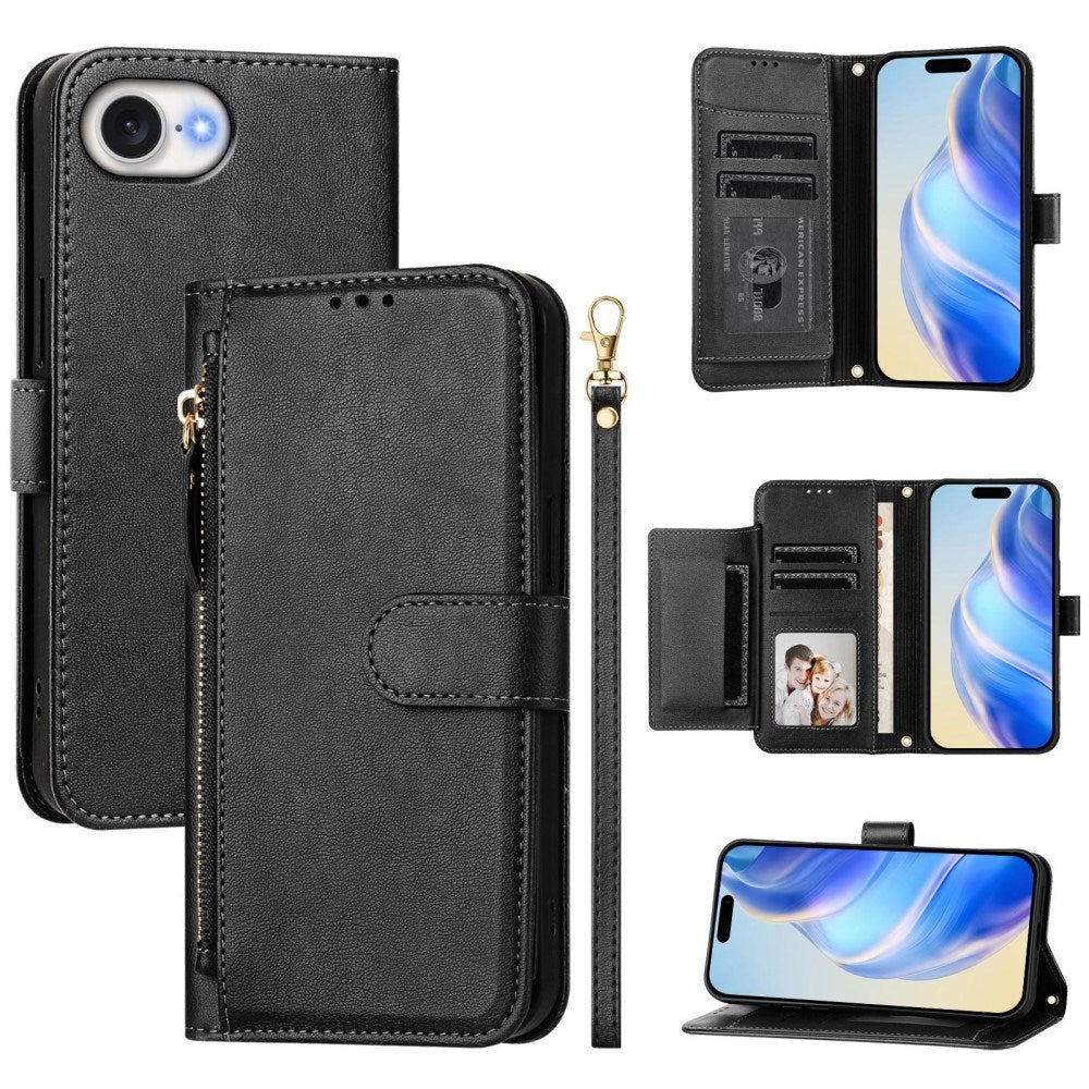 EIDERWOOD iPhone 17e / 16e Kunstlæder Flip Cover m. Pung & Strop - Sort