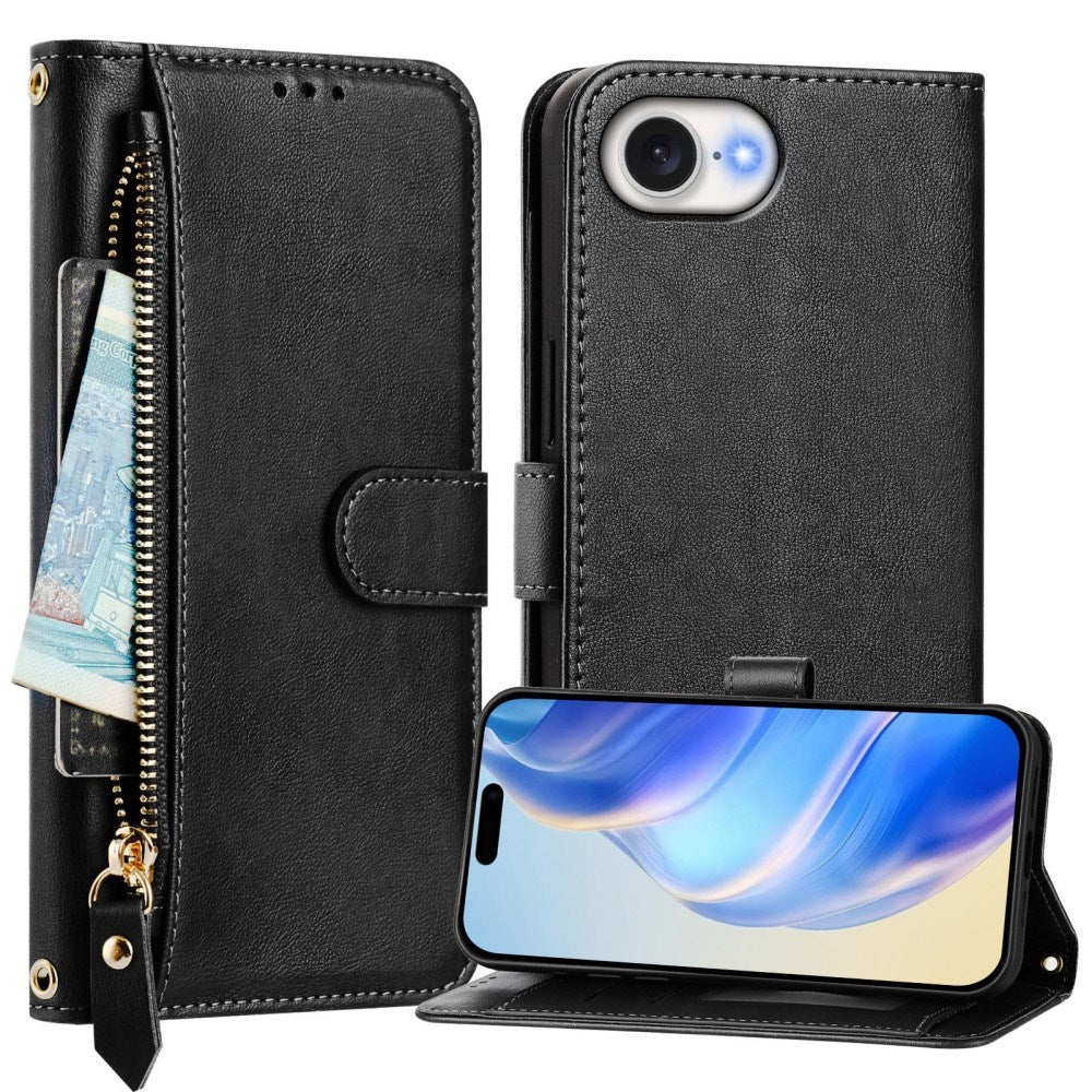 EIDERWOOD iPhone 17e / 16e Kunstlæder Flip Cover m. Pung & Strop - Sort