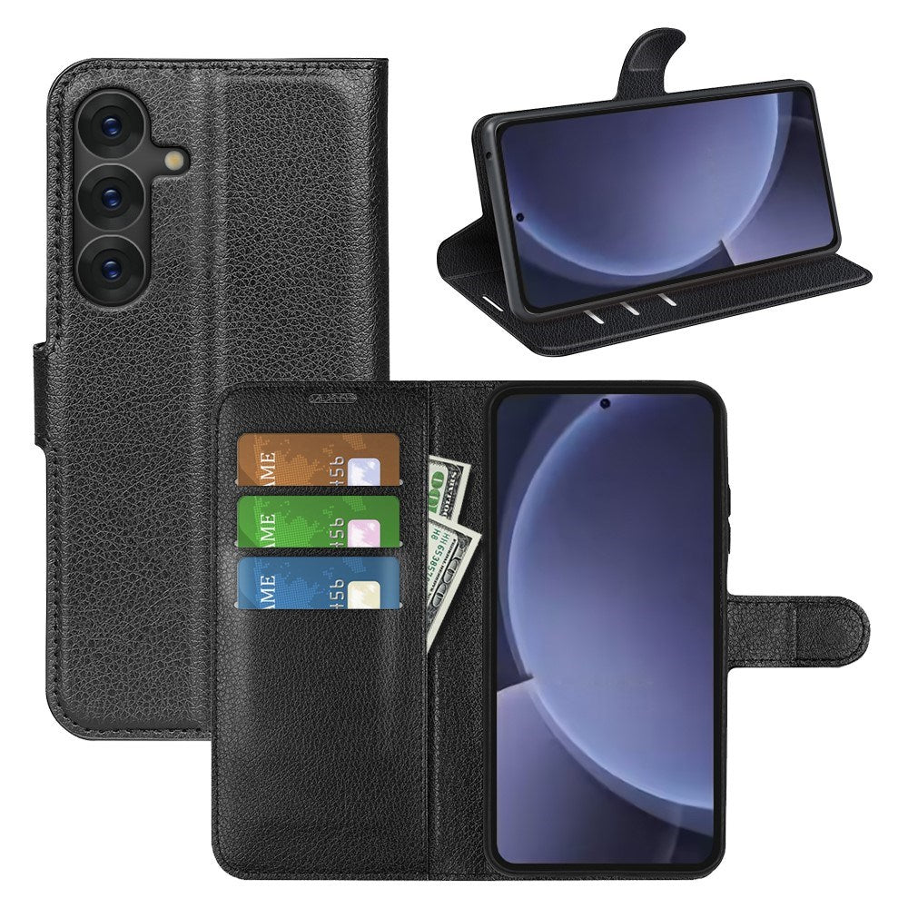 EIDERWOOD Samsung Galaxy S25+ (Plus) Læder Wallet Case med Litchi Tekstur og Stødabsorbering - Sort