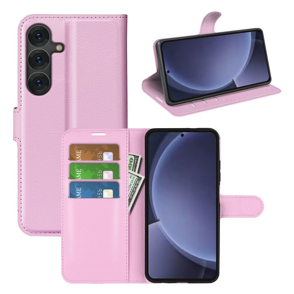 EIDERWOOD Samsung Galaxy S25+ (Plus) Læder Wallet Case med Litchi Tekstur og Stødabsorbering - Lyserød