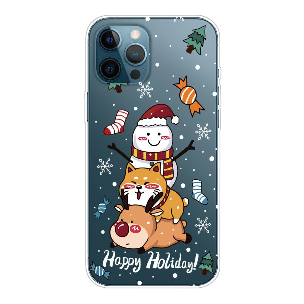 iPhone 14 Pro Fleksibel Plastik Jule Cover - Snemand, Hund og Rensdyr
