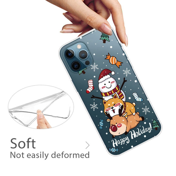 iPhone 14 Pro Fleksibel Plastik Jule Cover - Snemand, Hund og Rensdyr