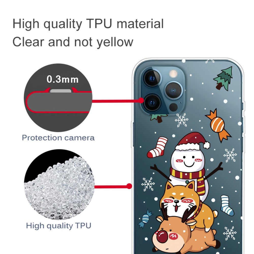 iPhone 14 Pro Fleksibel Plastik Jule Cover - Snemand, Hund og Rensdyr