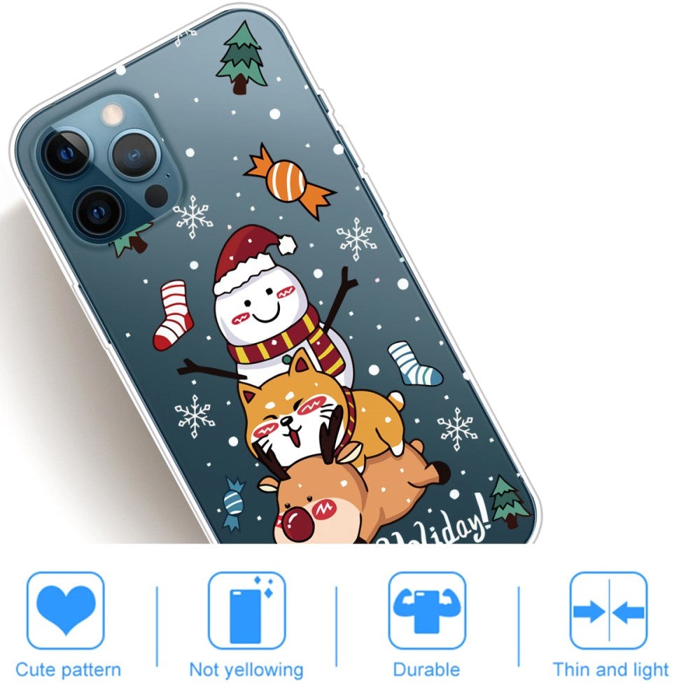 iPhone 14 Pro Fleksibel Plastik Jule Cover - Snemand, Hund og Rensdyr
