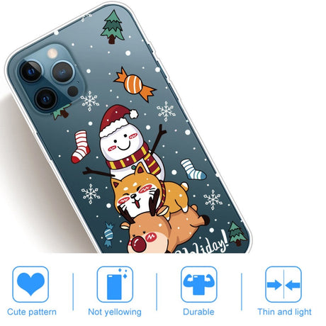 iPhone 14 Pro Fleksibel Plastik Jule Cover - Snemand, Hund og Rensdyr