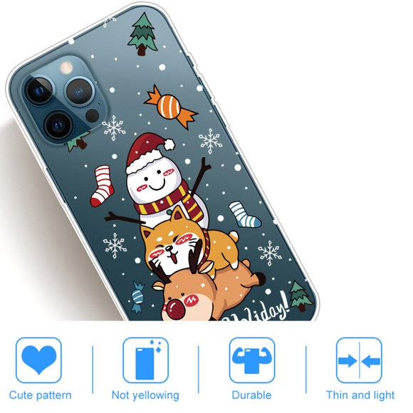 iPhone 14 Pro Fleksibel Plastik Jule Cover - Snemand, Hund og Rensdyr