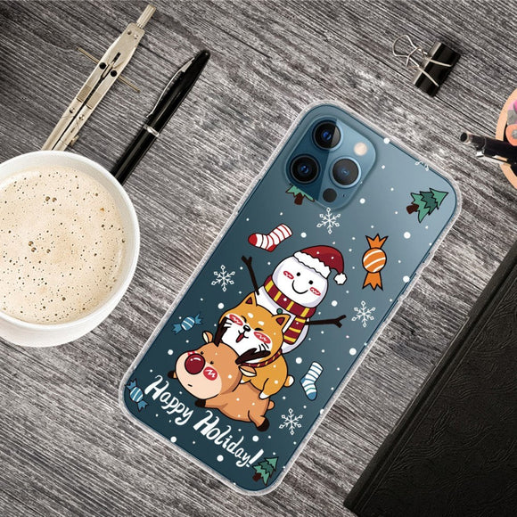 iPhone 14 Pro Fleksibel Plastik Jule Cover - Snemand, Hund og Rensdyr