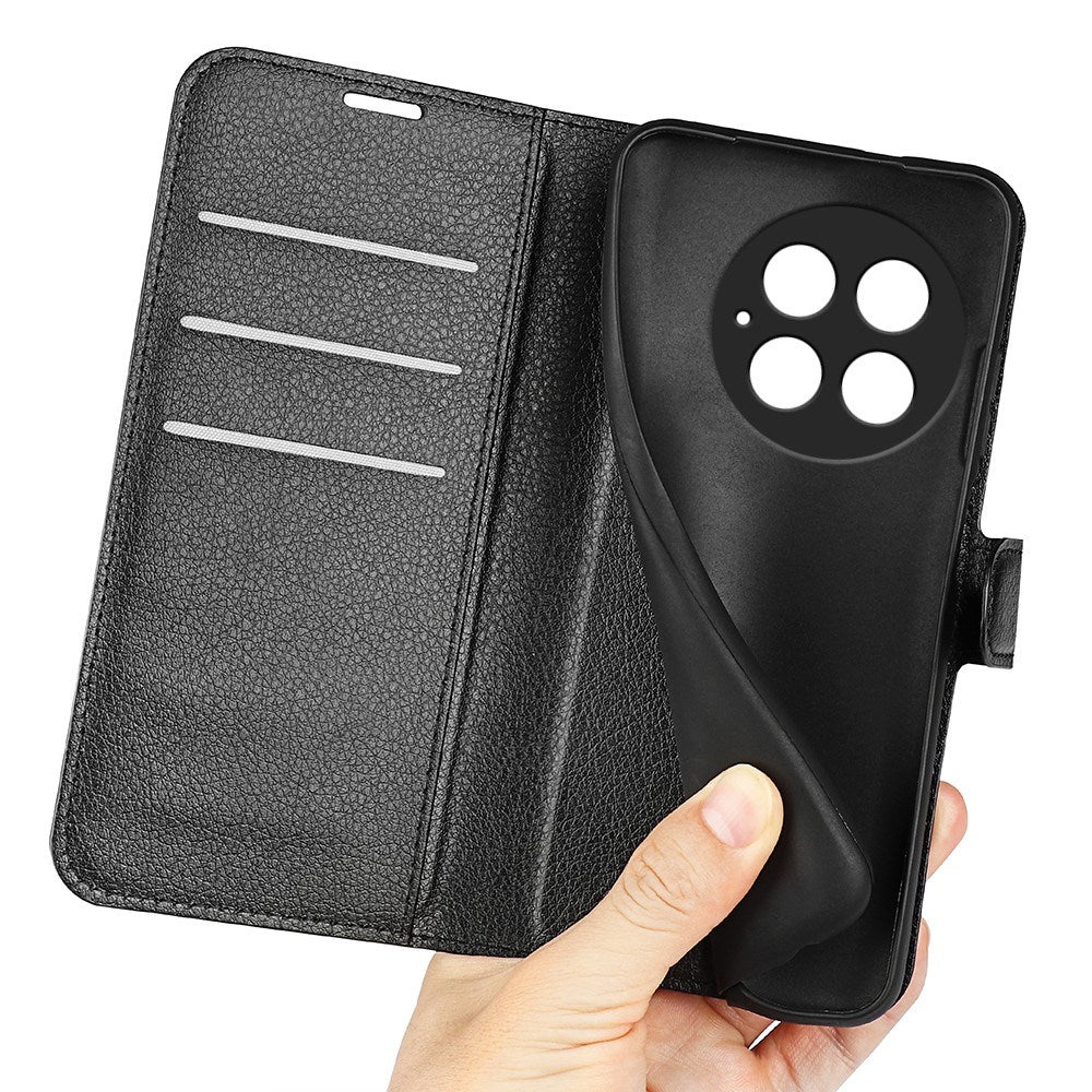 EIDERWOOD OnePlus 13 Læder Wallet Case med Litchi Tekstur og Stødabsorbering - Sort