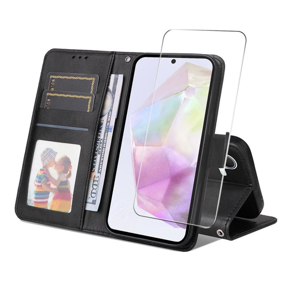 EIDERWOOD Samsung Galaxy A56 (5G) / A36 (5G) 2-i-1 Kunstlæder Flip Cover m. Skærmbeskyttelsesglas - Sort