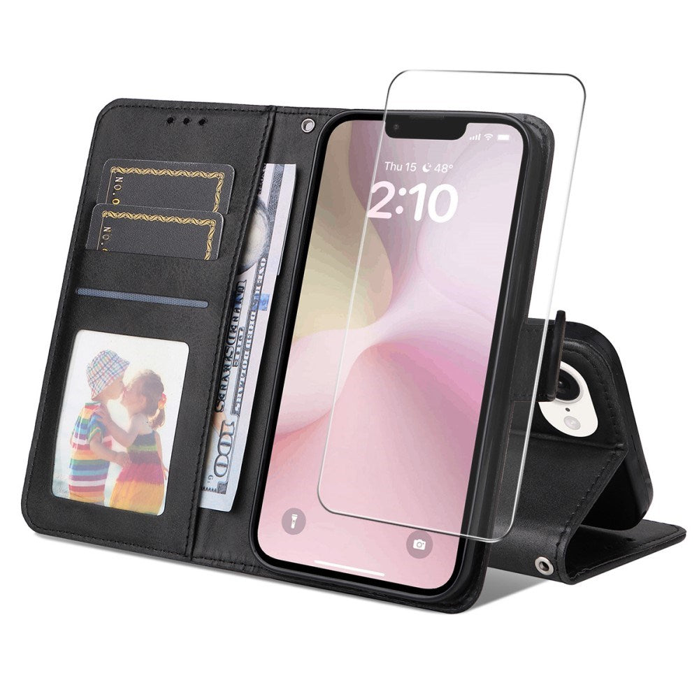 ENKAY iPhone 17e / 16e 2-i-1 Kunstlæder Flip Cover m. Skærmbeskyttelsesglas - Sort