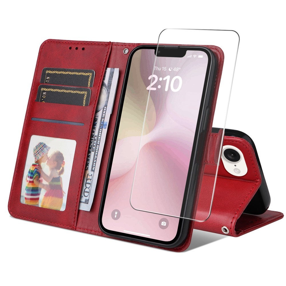 ENKAY iPhone 17e / 16e 2-i-1 Kunstlæder Flip Cover m. Skærmbeskyttelsesglas - Rød
