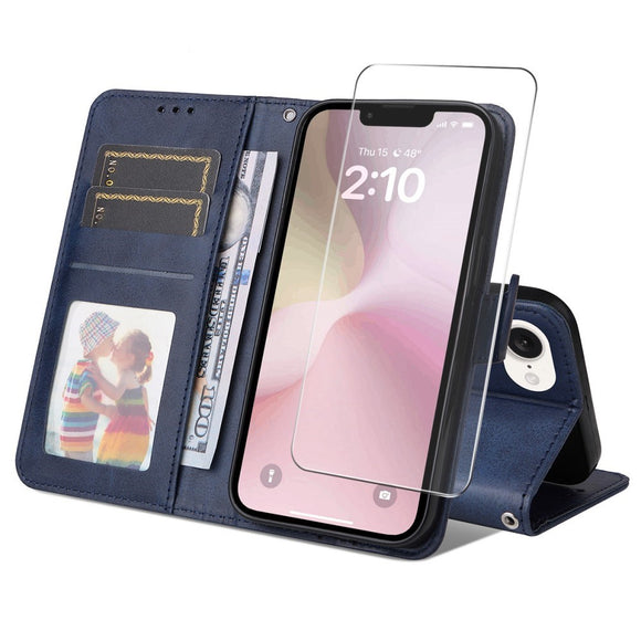 ENKAY iPhone 17e / 16e 2-i-1 Kunstlæder Flip Cover m. Skærmbeskyttelsesglas - Blå