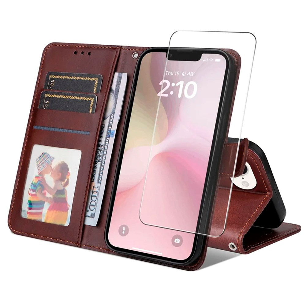 ENKAY iPhone 17e / 16e 2-i-1 Kunstlæder Flip Cover m. Skærmbeskyttelsesglas - Brun