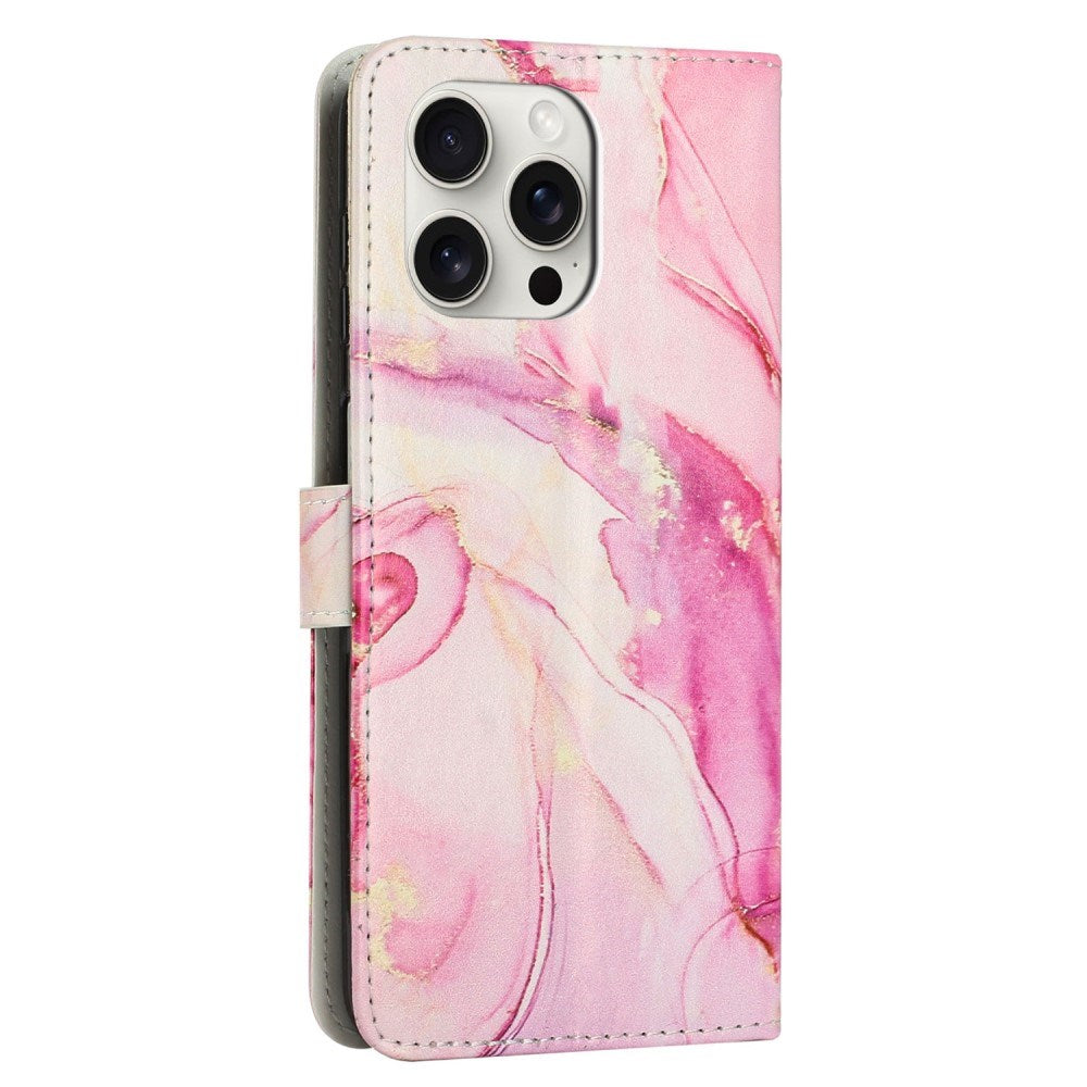 EIDERWOOD iPhone 16 Pro Max Kunstlæder Flip Cover m. Pung & Strop - Marmor Design - Lyserød