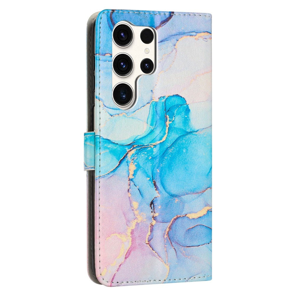 EIDERWOOD Samsung Galaxy S25 Ultra Marmormønstret Kunstlæder Flip Cover m. Strop - Blå