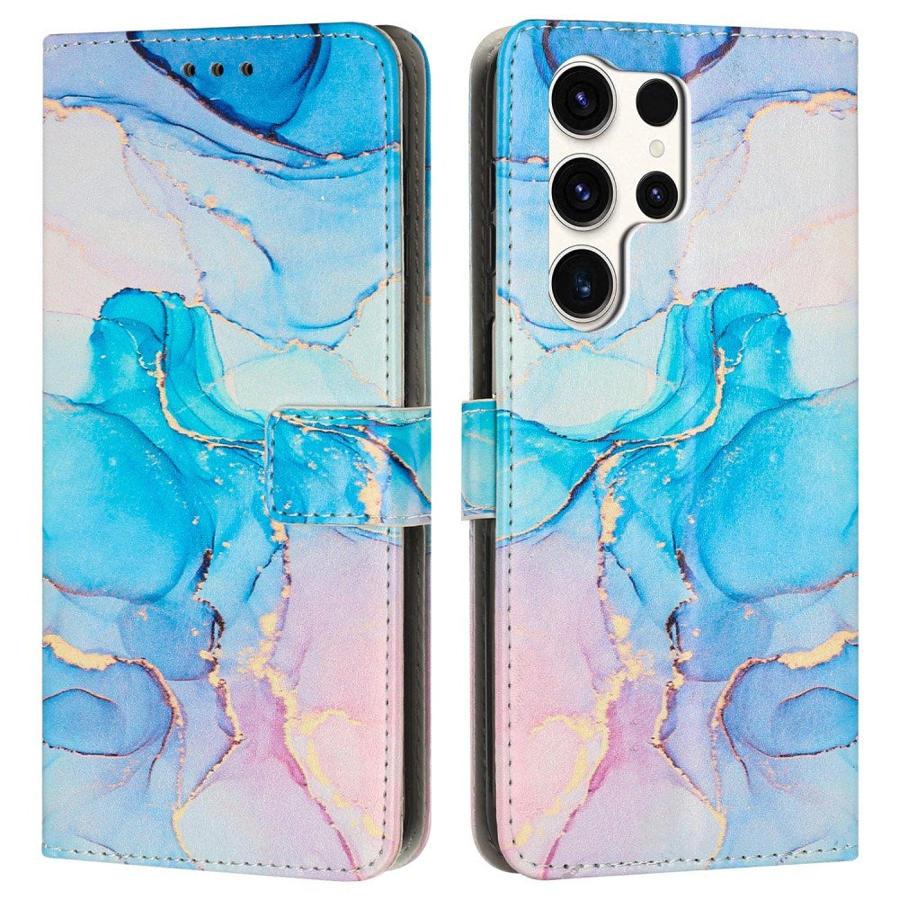 EIDERWOOD Samsung Galaxy S25 Ultra Marmormønstret Kunstlæder Flip Cover m. Strop - Blå