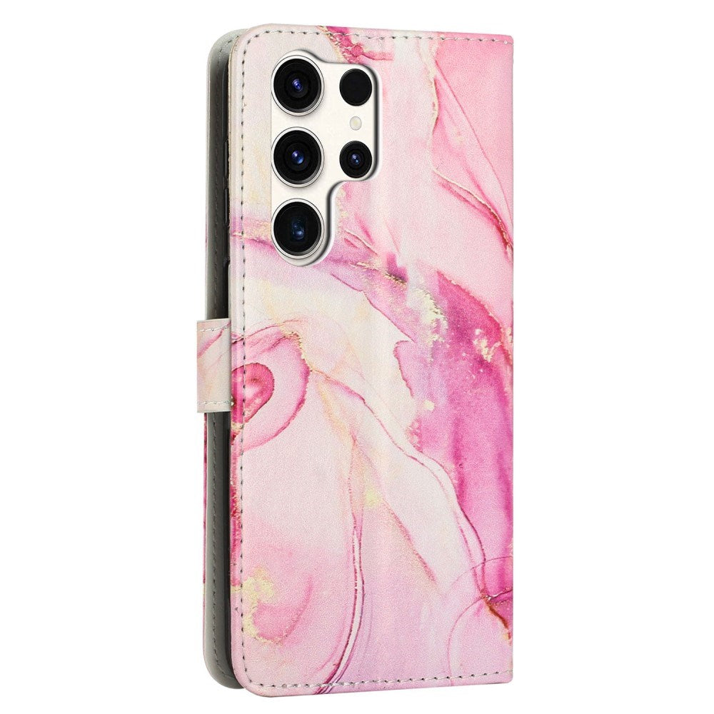 EIDERWOOD Samsung Galaxy S25 Ultra Marmormønstret Kunstlæder Flip Cover m. Strop - Lyserød