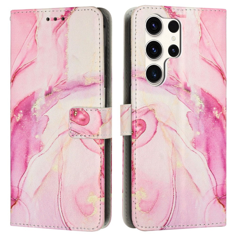 EIDERWOOD Samsung Galaxy S25 Ultra Marmormønstret Kunstlæder Flip Cover m. Strop - Lyserød