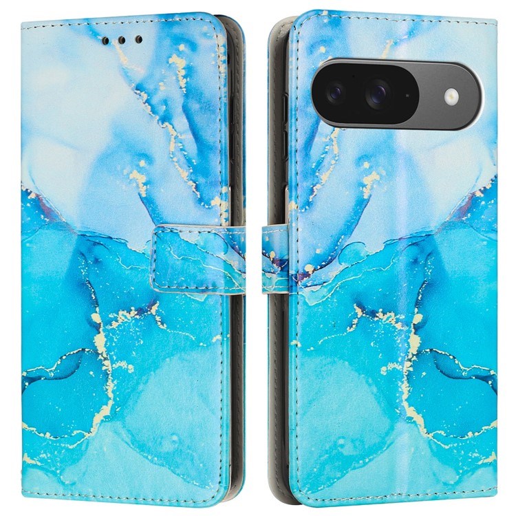 EIDERWOOD Google Pixel 10 / 10 Pro / 9 / 9 Pro Marmor Kunstlæder Flip Cover m. Strop - Blå / Grøn