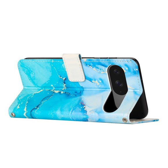 EIDERWOOD Google Pixel 10 / 10 Pro / 9 / 9 Pro Marmor Kunstlæder Flip Cover m. Strop - Blå / Grøn