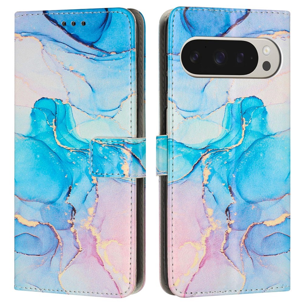 EIDERWOOD Google Pixel 10 Pro XL / 9 Pro XL Marmormønstret Kunstlæder Flip Cover m. Strop - Lyserød / Blå