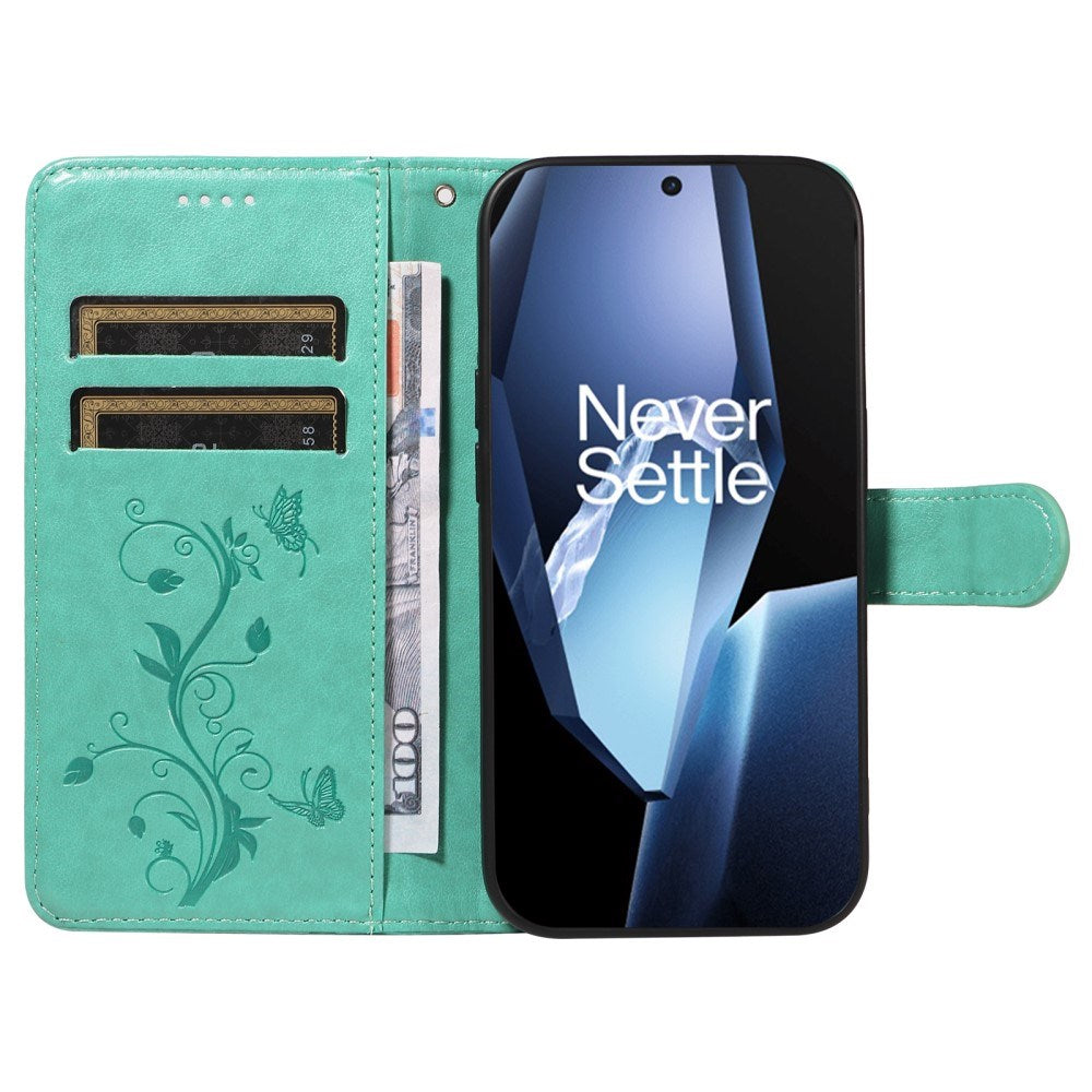EIDERWOOD OnePlus 13R Flipcover m. Indgraveret Motiv - Kortholder & Ståfunktion - Grøn