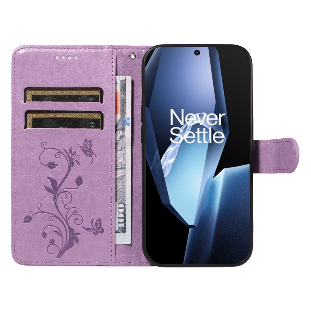 EIDERWOOD OnePlus 13R Flipcover m. Indgraveret Motiv - Kortholder & Ståfunktion - Lilla