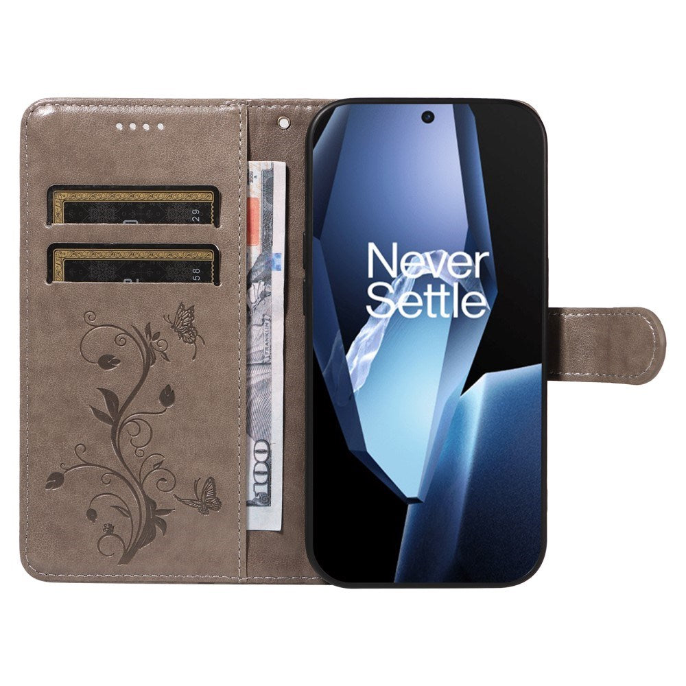 EIDERWOOD OnePlus 13R Flipcover m. Indgraveret Motiv - Kortholder & Ståfunktion - Grå