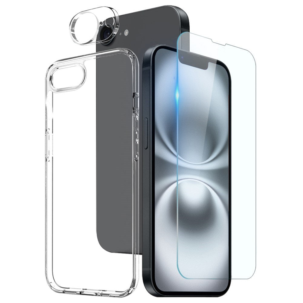 NORTHJO iPhone 17e / 16e | 3-i-1 360° Beskyttelsessæt m. Cover | Skærmbeskyttelse | Kameralinsebeskyttelse - Gennemsigtig