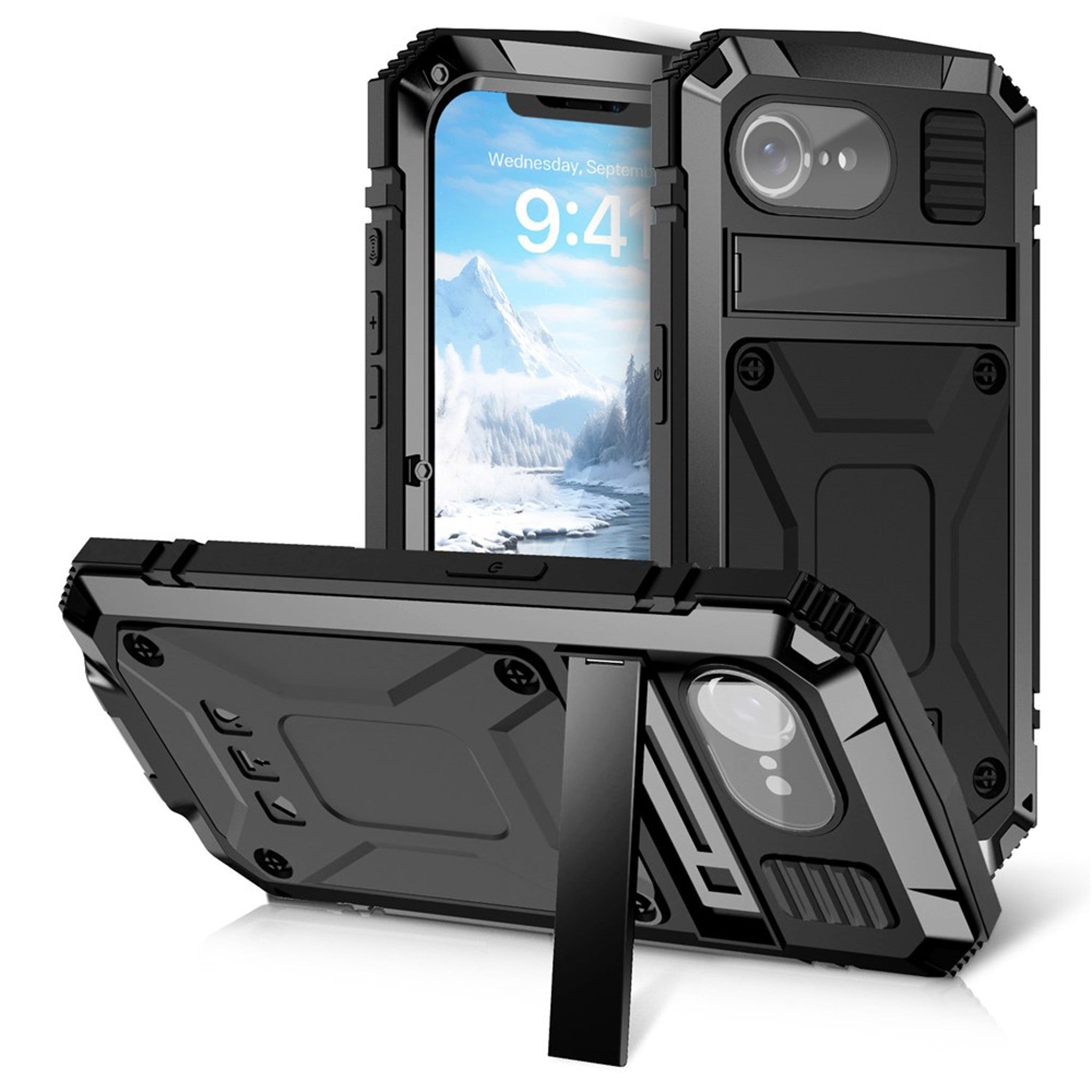 iPhone 17e / 16e R-JUST Hybrid Håndværker Cover m. Indbygget Skærmbeskyttelse & Kickstand - Sort