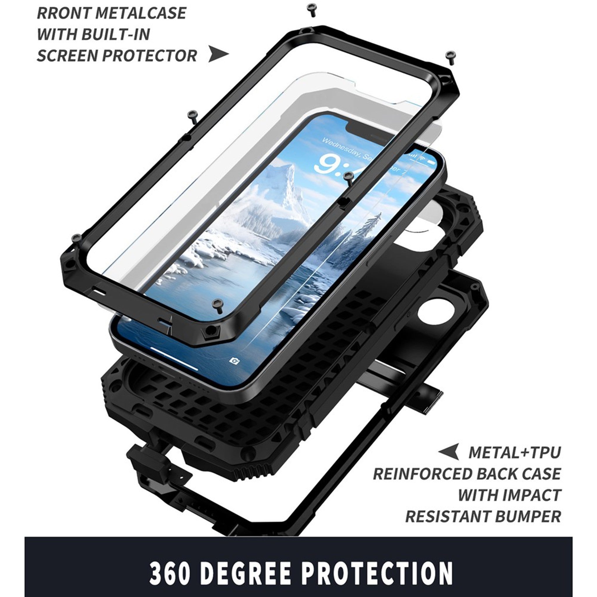 iPhone 17e / 16e R-JUST Hybrid Håndværker Cover m. Indbygget Skærmbeskyttelse & Kickstand - Sort