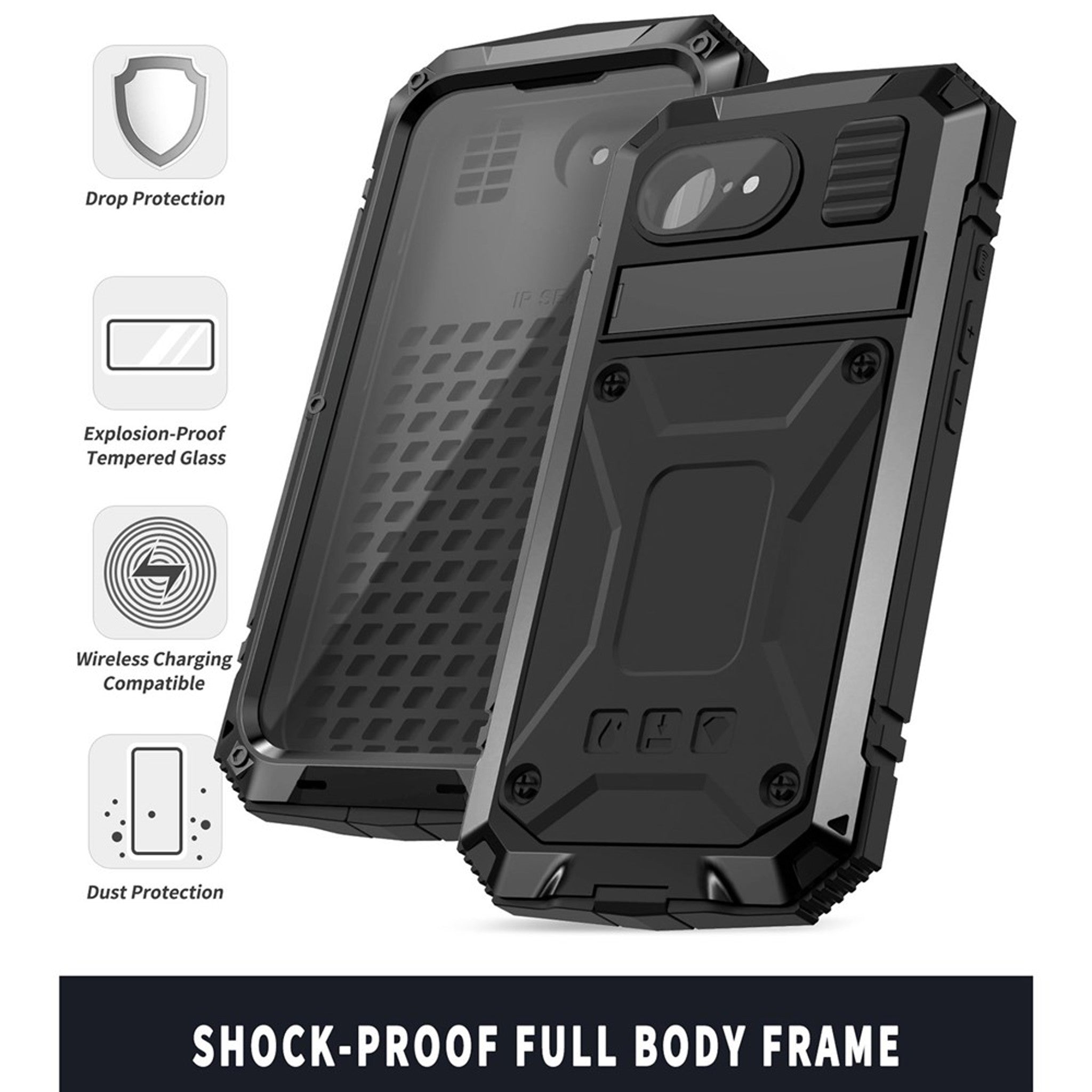 iPhone 17e / 16e R-JUST Hybrid Håndværker Cover m. Indbygget Skærmbeskyttelse & Kickstand - Sort