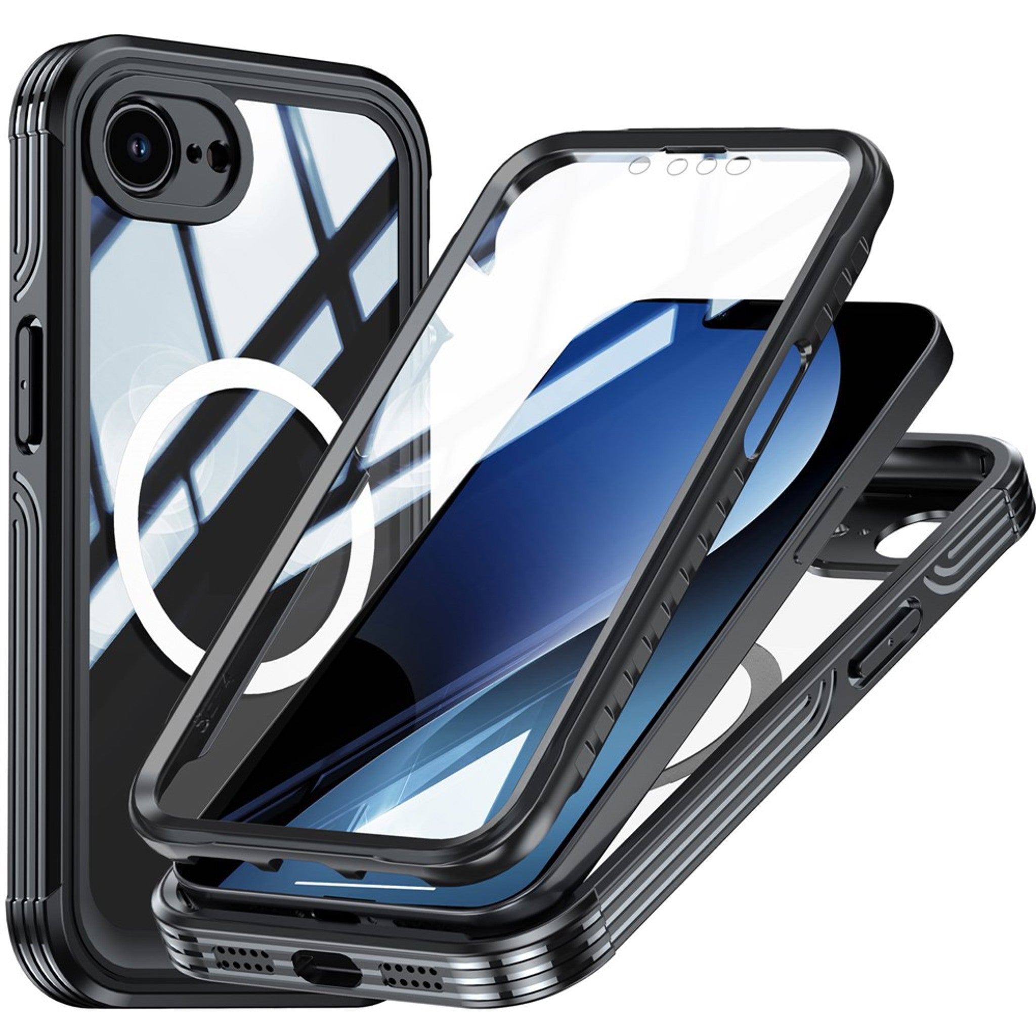 iPhone 17e / 16e Hybrid Plast Cover m. Indbygget Skærmbeskyttelse - MagSafe Kompatibel - Gennemsigtig / Sort