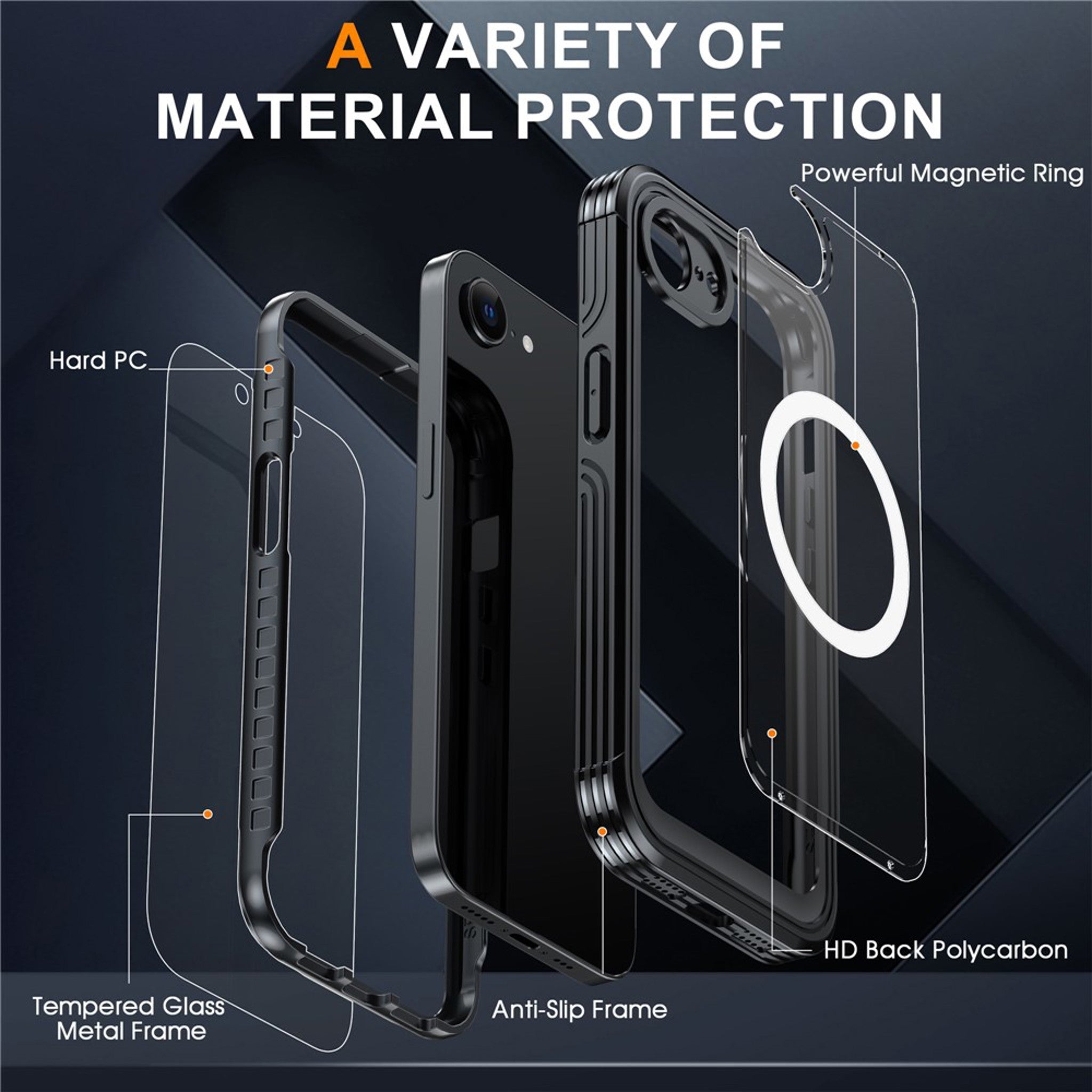 iPhone 17e / 16e Hybrid Plast Cover m. Indbygget Skærmbeskyttelse - MagSafe Kompatibel - Gennemsigtig / Sort
