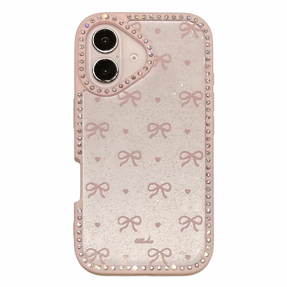 EIDERWOOD iPhone 16 Hybrid Cover m. Sløjfer og Rhinsten - Gennemsigtig / Lyserød