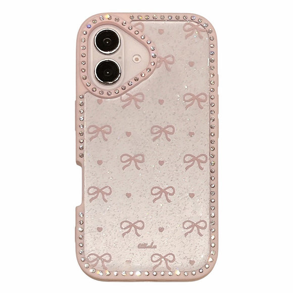 EIDERWOOD iPhone 16 Hybrid Cover m. Sløjfer og Rhinsten - Gennemsigtig / Lyserød