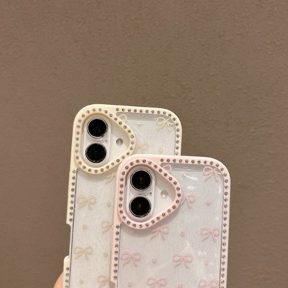 EIDERWOOD iPhone 16 Hybrid Cover m. Sløjfer og Rhinsten - Gennemsigtig / Hvid
