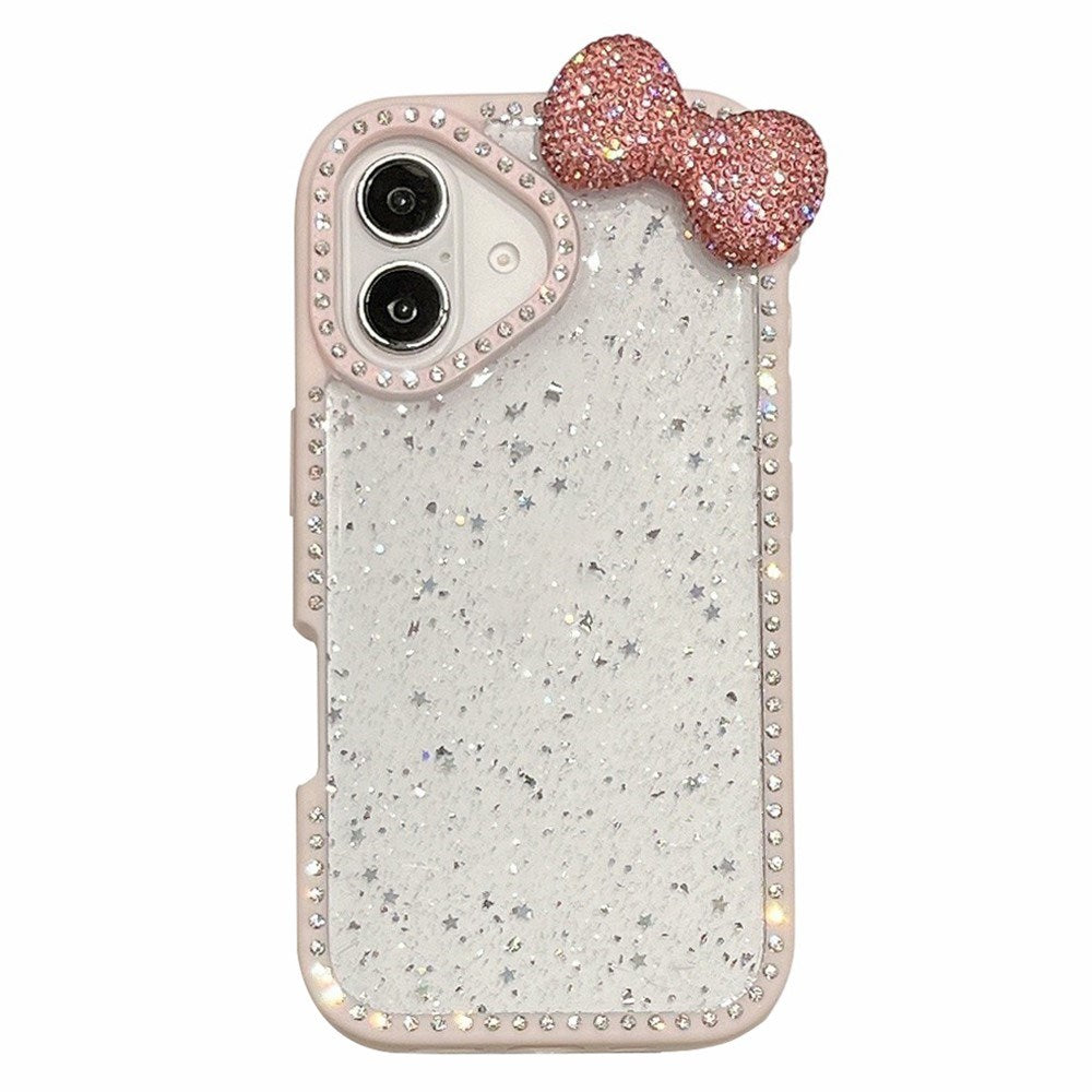 EIDERWOOD iPhone 16 Hybrid Cover m. 3D Sløjfe og Rhinsten - Gennemsigtig / Lyserød