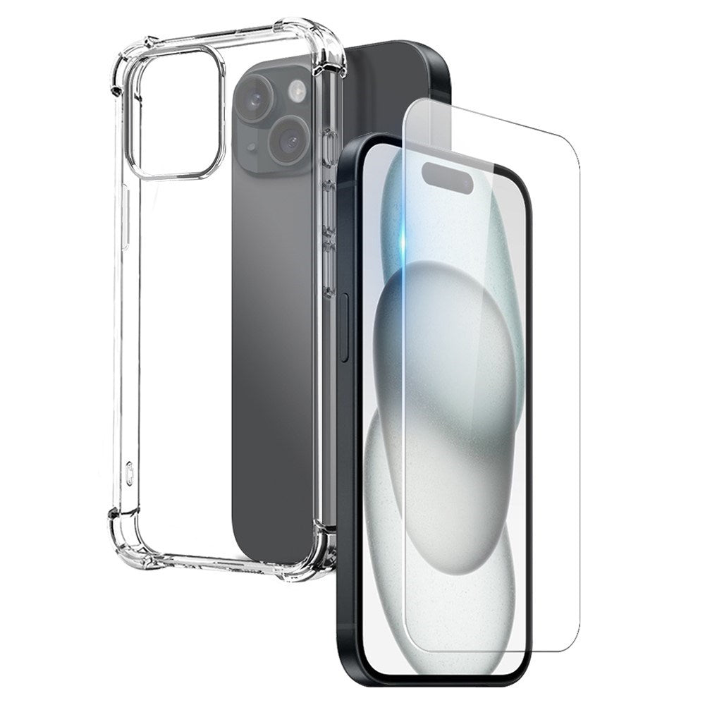 NORTHJO iPhone 15 2-i-1 Beskyttelsessæt m. Stødabsorberende Fleksibelt Plastik Cover & Hærdet Skærmbeskyttelsesglas - Gennemsigtig