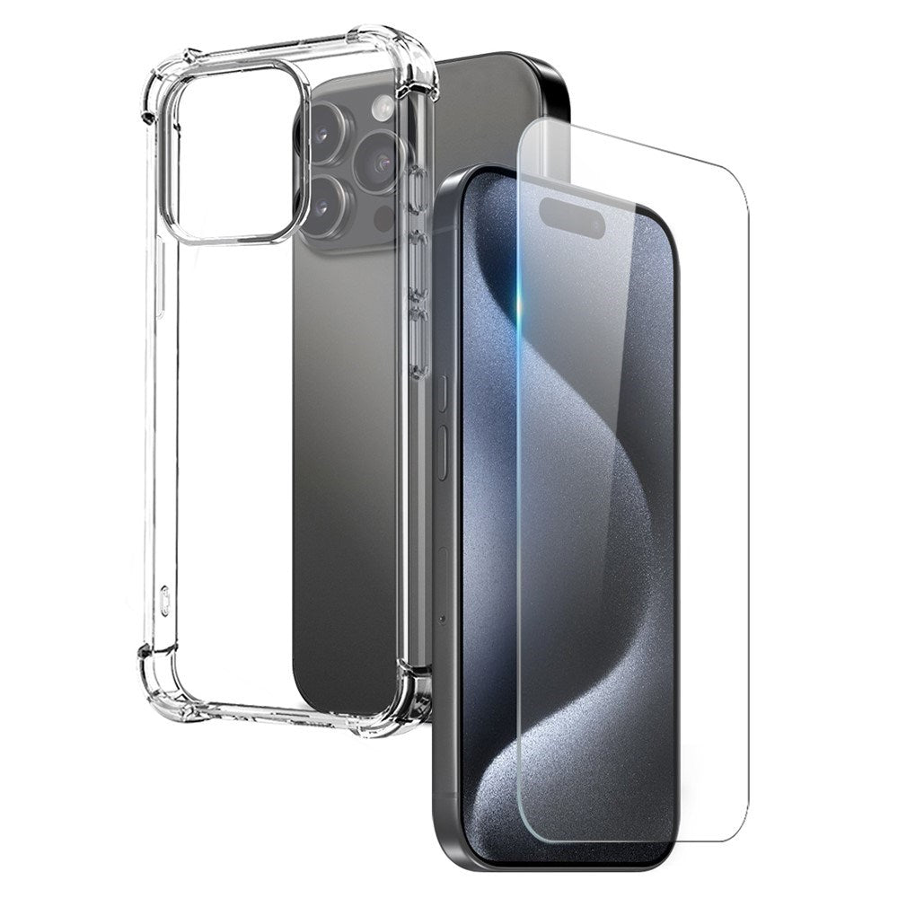 NORTHJO iPhone 15 Pro 2-i-1 Beskyttelsessæt m. Stødabsorberende Fleksibelt Plastik Cover & Hærdet Skærmbeskyttelsesglas - Gennemsigtig
