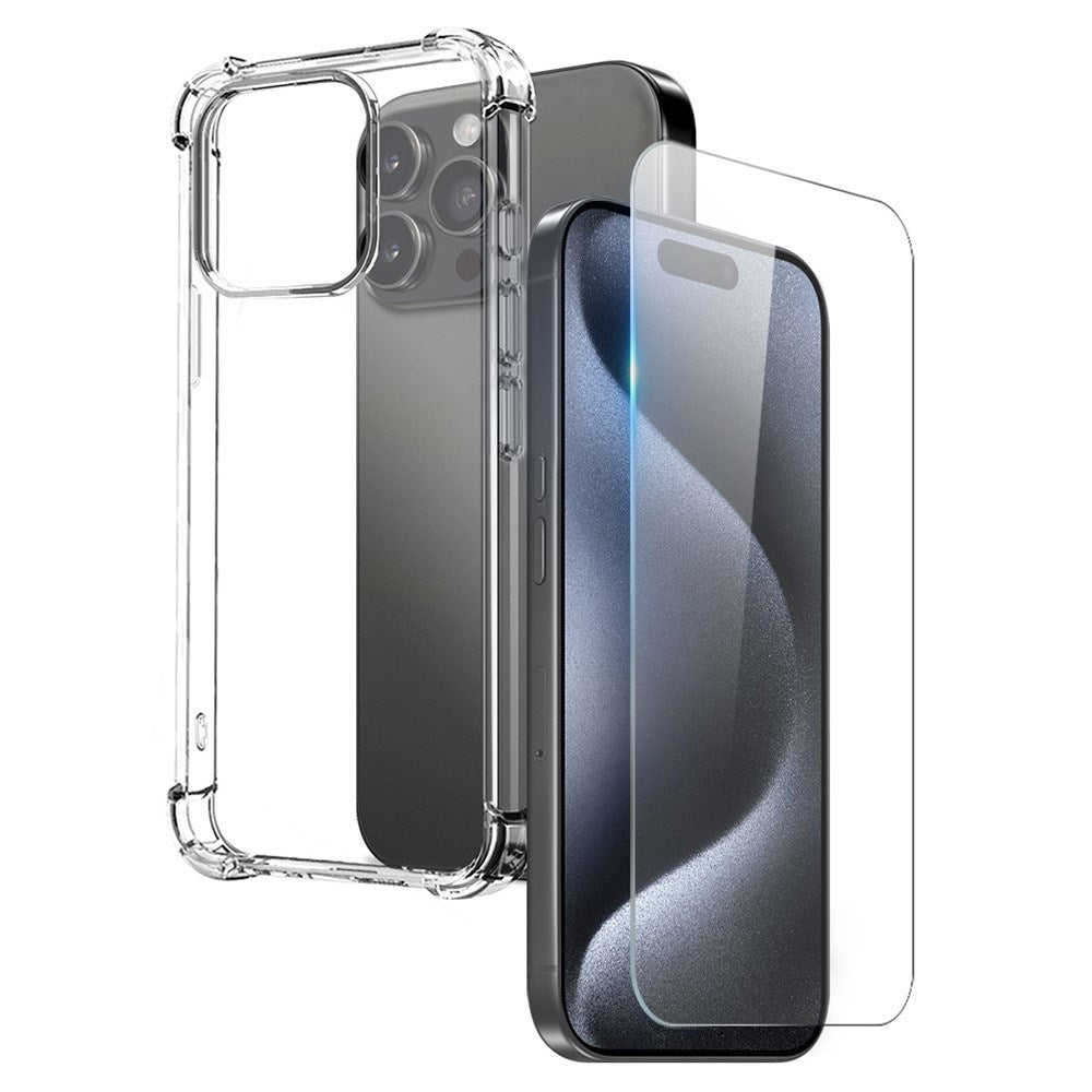NORTHJO iPhone 15 Pro Max 2-i-1 Beskyttelsessæt m. Stødabsorberende Fleksibelt Plastik Cover & Hærdet Skærmbeskyttelsesglas - Gennemsigtig