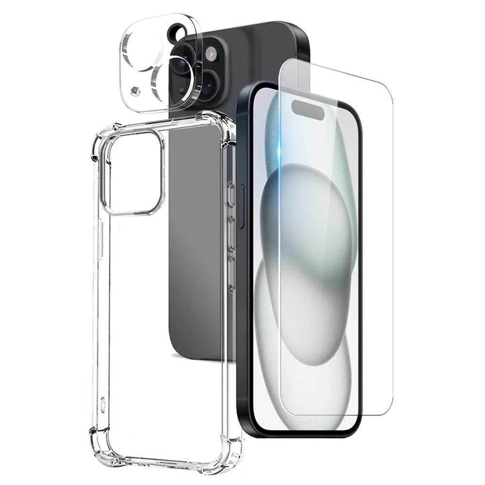 NORTHJO iPhone 15 3-i-1 Beskyttelsessæt m. Stødabsorberende Fleksibelt Plastik Cover & Hærdet Skærmbeskyttelsesglas & Kameralinseglas - Gennemsigtig