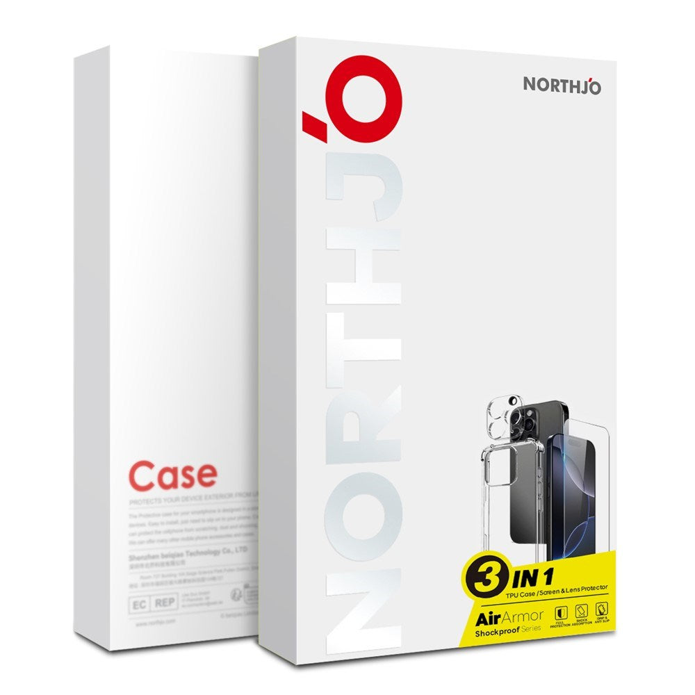 NORTHJO iPhone 15 3-i-1 Beskyttelsessæt m. Stødabsorberende Fleksibelt Plastik Cover & Hærdet Skærmbeskyttelsesglas & Kameralinseglas - Gennemsigtig
